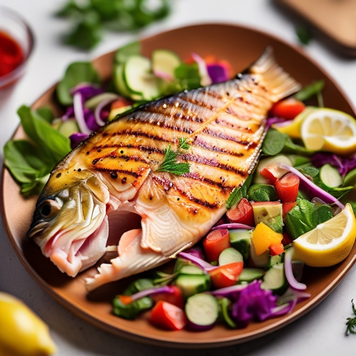 פילה דג בורי על הגריל עם סלט ירקות קצוץ טרי