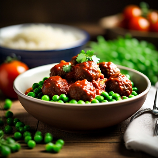 קציצות בקר ברוטב עגבניות עם אורז לבן ואפונה ירוקה