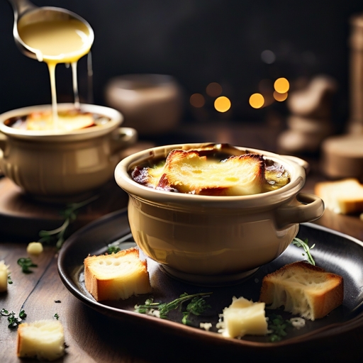 מרק בצל צרפתי עם קרוטונים וגבינה מותכת מעל