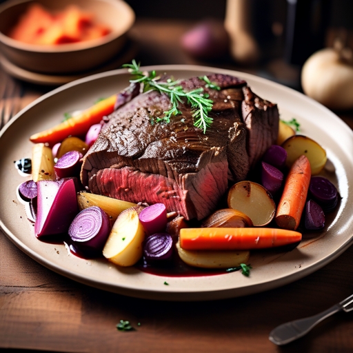 צלי בקר בתנור עם ירקות שורש ורוטב יין אדום עשיר