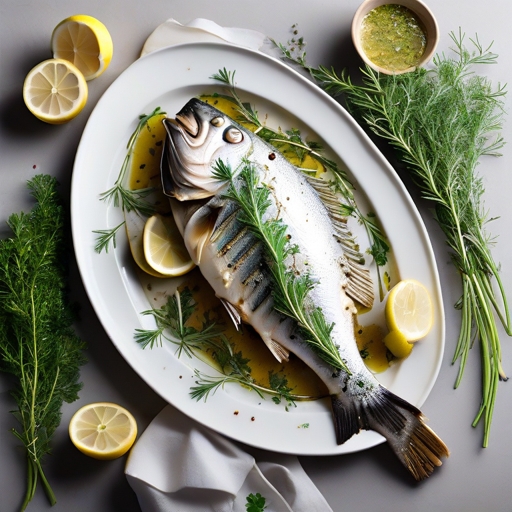 דג לברק שלם אפוי עם עשבי תיבול ולימון פרוס דק