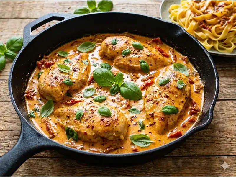 מחבת לוהטת של עוף תתחתני איתי ברוטב שמנת עשיר, עגבניות מיובשות ובזיליקום טרי