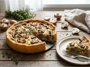 פשטידת פטריות מהממת וזהובה על שולחן עץ כפרי, פרוסה למנה אישית לצד פטריות טריות וענפי טימין.