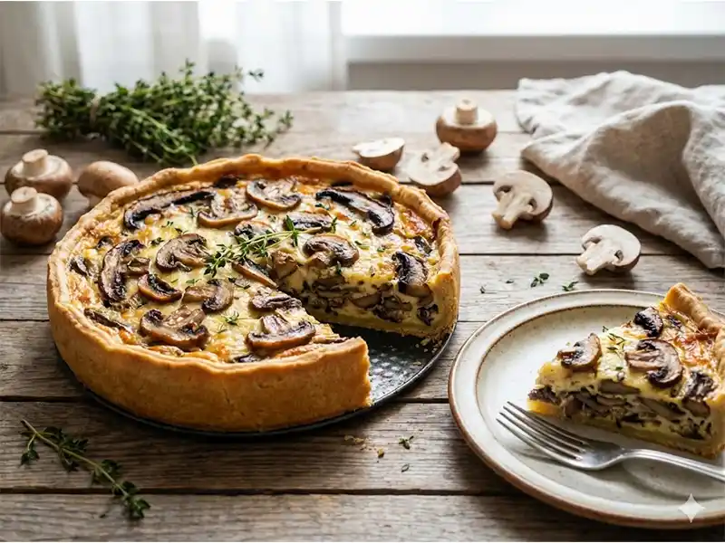 פשטידת פטריות מהממת וזהובה על שולחן עץ כפרי, פרוסה למנה אישית לצד פטריות טריות וענפי טימין.