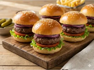 מיני לחמניות המבורגר עם המבורגר עסיסי וחמוצים בצד