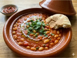 קערת חרס מלאה בתבשיל שעועית לבנה מרוקאי (לוביה) ברוטב עגבניות סמיך, מוגש עם לחם פרנה קרוע, עשבי תיבול טריים, זילוף שמן זית וצלוחית חריסה בצד.