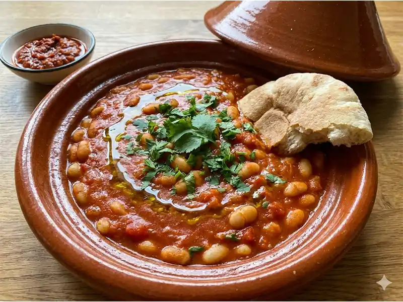 קערת חרס מלאה בתבשיל שעועית לבנה מרוקאי (לוביה) ברוטב עגבניות סמיך, מוגש עם לחם פרנה קרוע, עשבי תיבול טריים, זילוף שמן זית וצלוחית חריסה בצד.